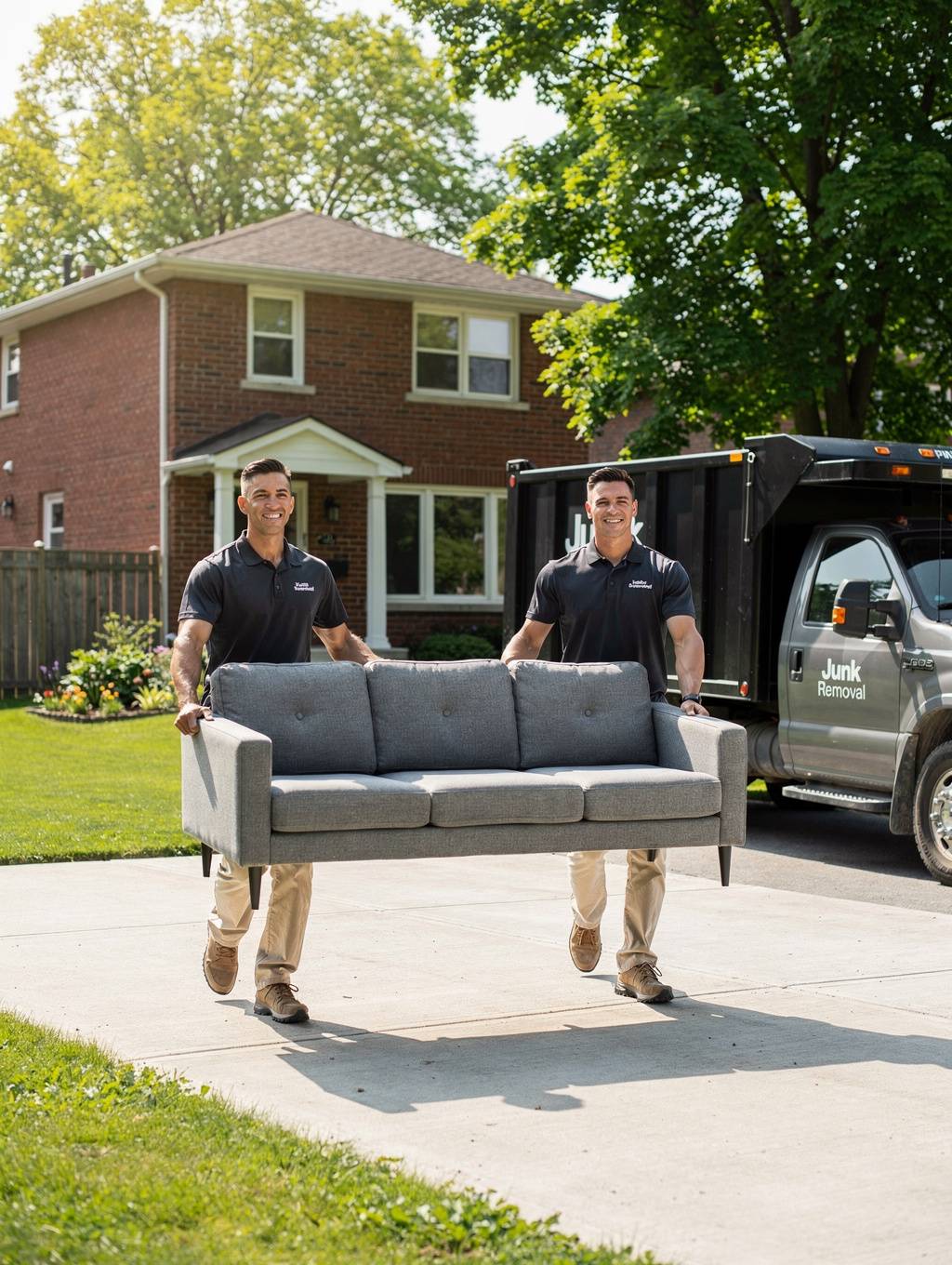 Two workers in black polos carrying furniture near a branded junk removal truck