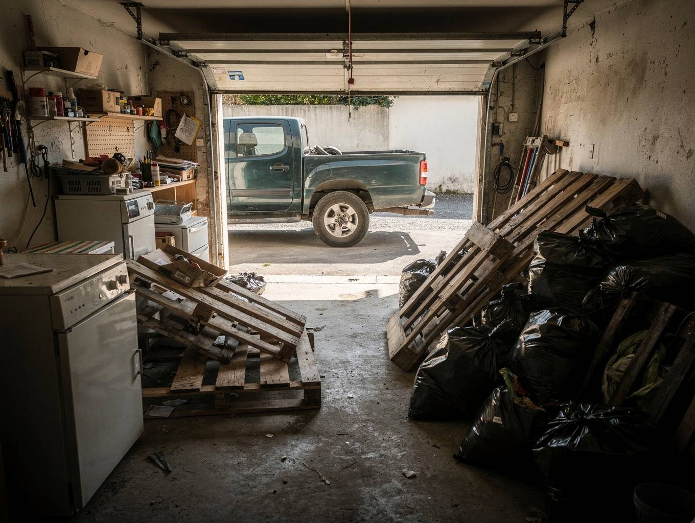 Garage rempli de déchets et boîtes