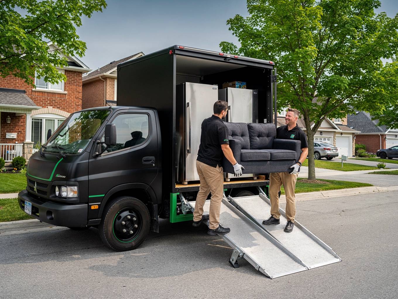 Professional junk removal team loading a truck
