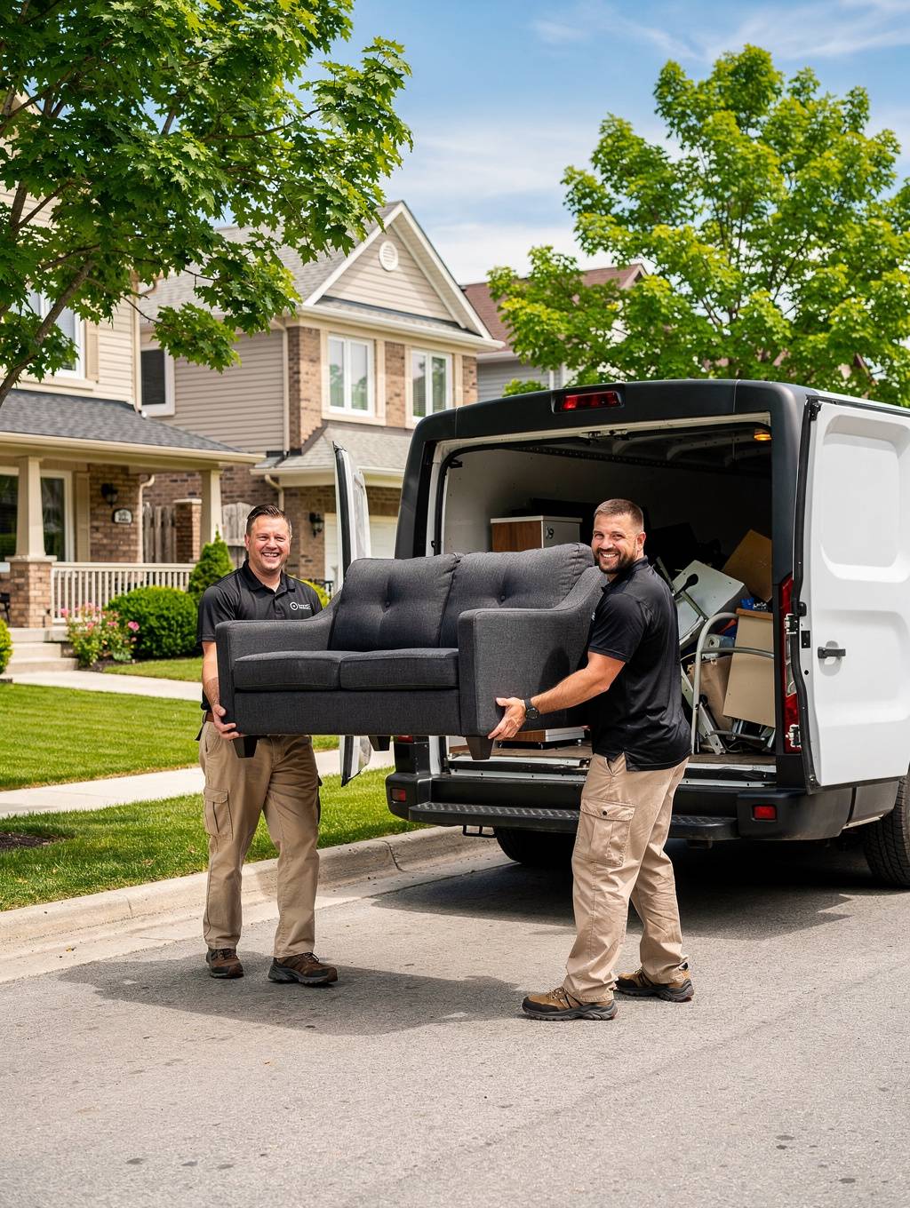 Two workers in black polos carrying furniture near a branded junk removal truck