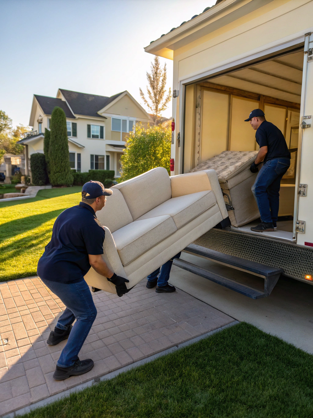 Two workers carrying a heavy couch to a removal truck