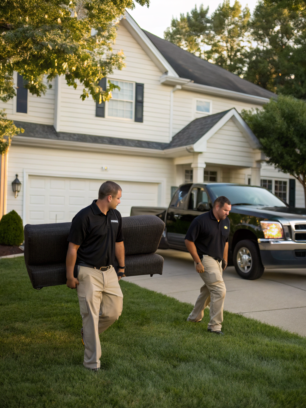 Professional JUNKR team in black polos carrying a heavy sofa from a Kanata home