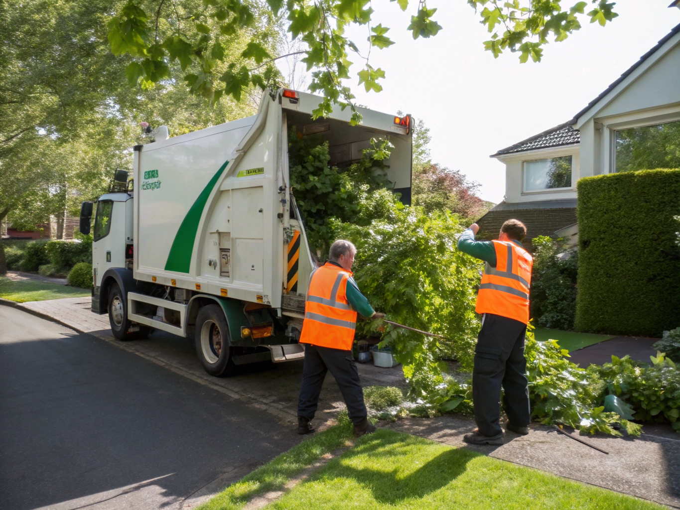 Workers loading yard waste and branches into a trailer