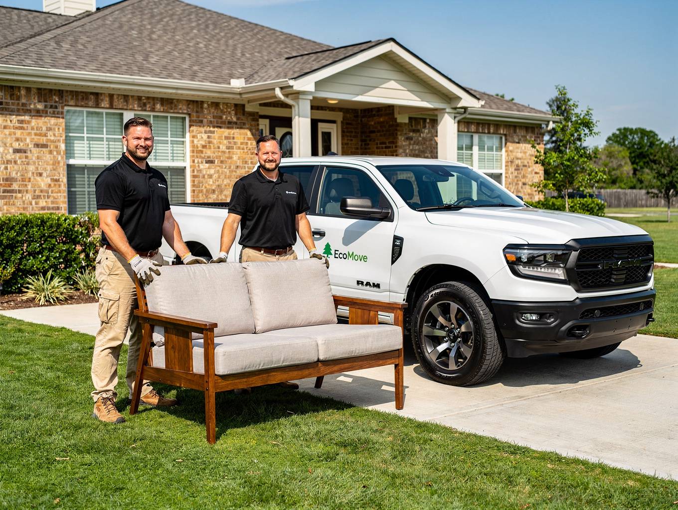 Two professional junk removal workers in black polos and khaki pants carrying furniture near a branded removal truck
