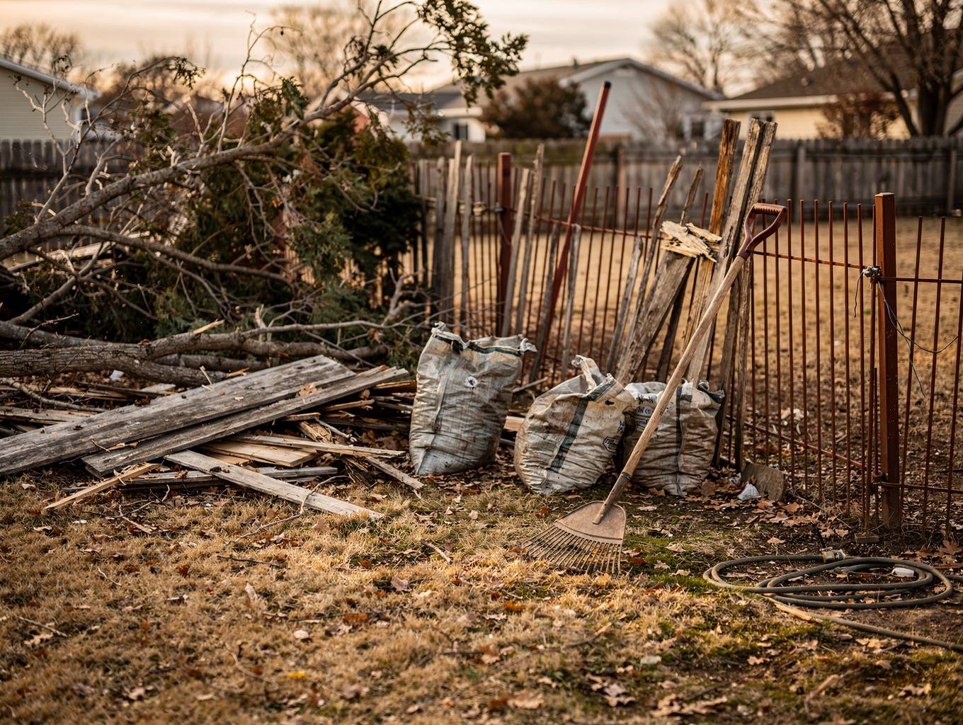Cour arrière avec débris de bois et déchets