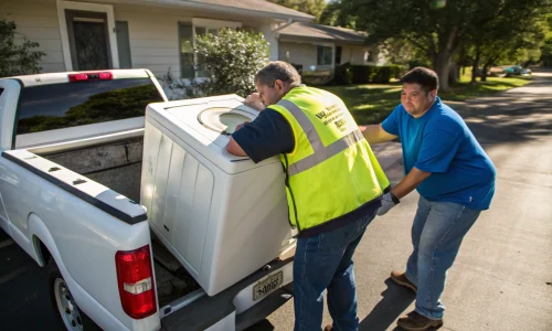 Image of workers in black polo shirts and khaki pants loading a refrigerator into a truck at a Gloucester residence, captured with cool‑toned color grading and subtle crushed blacks for a matte black look.