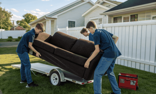 Candid shot of workers in black polo shirts and khaki pants clearing old furniture from a Rockland estate yard, featuring a rustic home backdrop and cool‑toned, crushed‑black styling.