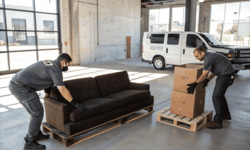 Photo of two workers in black polo shirts and khaki pants lifting a sectional sofa out of a Barrhaven suburban home, with a neutral, cool‑toned palette and slightly crushed blacks to fit the premium dark aesthetic.