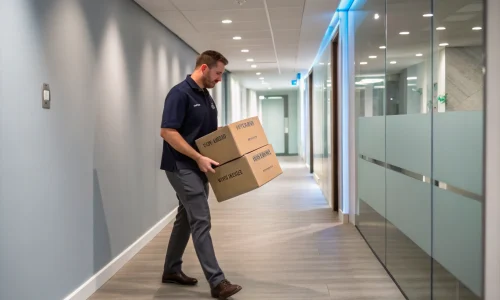 Candid photo of two workers in black polo shirts and khaki pants carrying a large box out of a dimly lit Ottawa basement, with cool‑toned color grading and slightly crushed blacks to match the matte black theme.