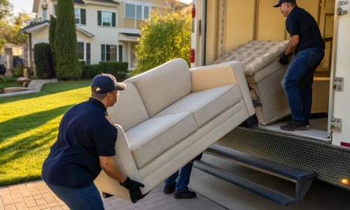 Portrait shot of two workers in black polo shirts and khaki pants lifting a couch onto a removal truck, with a clean Ottawa suburban backdrop.
