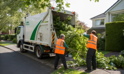 Landscape photo of workers loading yard waste and branches into a trailer on a Ottawa suburban street, featuring natural greenery and a clean truck.